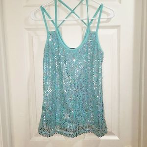 Crisscross spaghetti strap  aqua sequin top